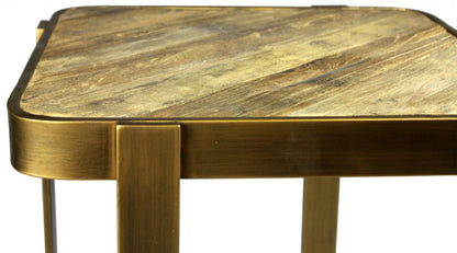 24" Brass And Brown Solid Wood And Iron Square End Table