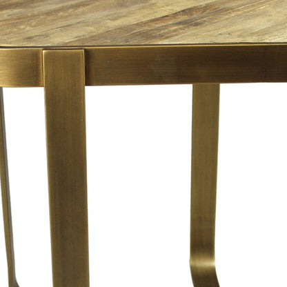 24" Brass And Brown Solid Wood And Iron Square End Table