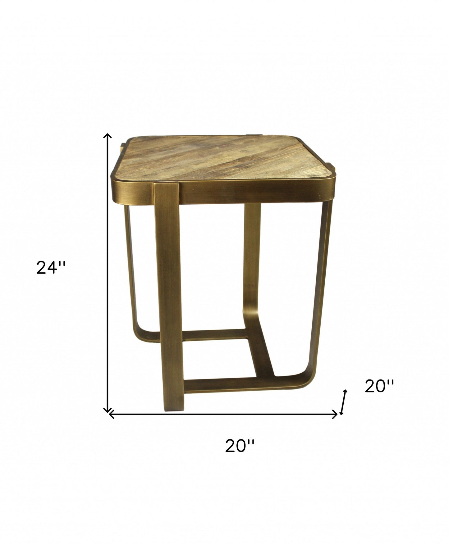 24" Brass And Brown Solid Wood And Iron Square End Table