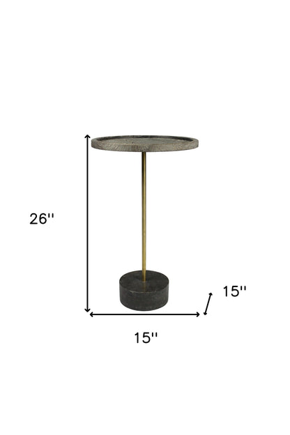 26" Black And Brown Solid Wood And Marble Round End Table
