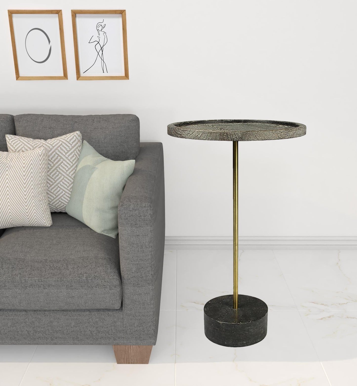 26" Black And Brown Solid Wood And Marble Round End Table