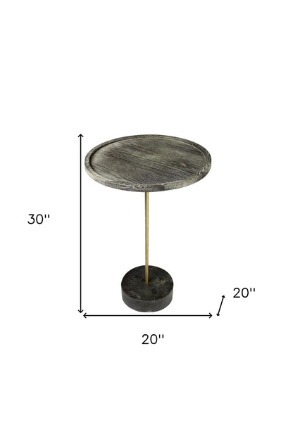 30" Black And Brown Solid Wood And Marble Round End Table
