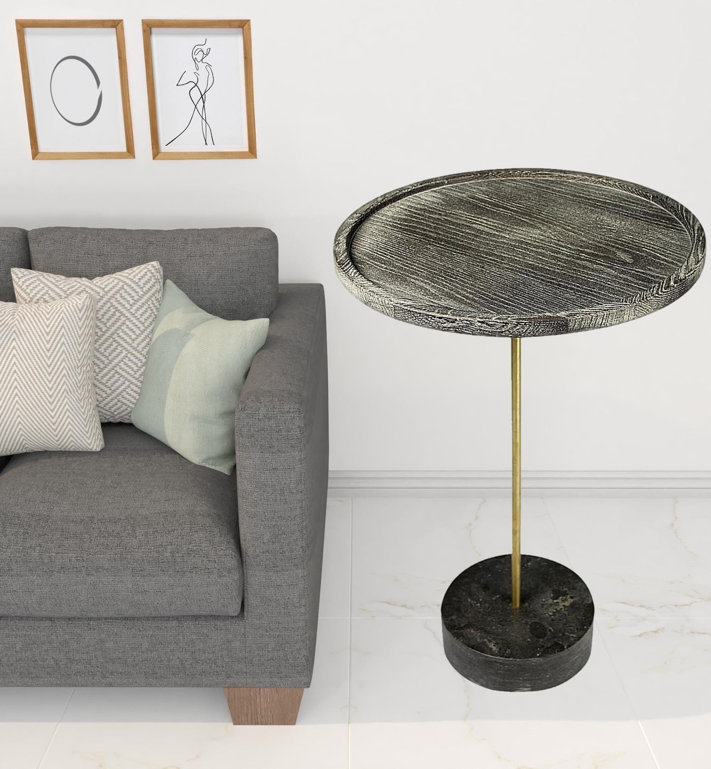 30" Black And Brown Solid Wood And Marble Round End Table