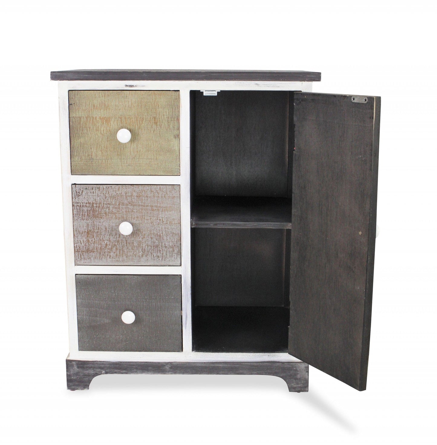 30" White And Black Rustic Wood End Table With Three Drawers