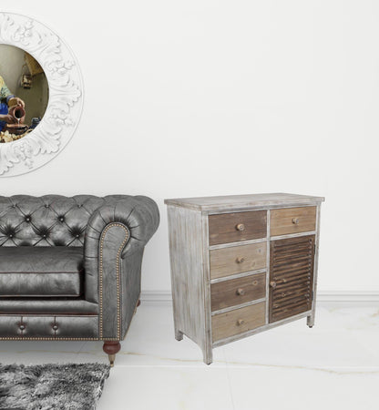 32" Brown Rustic Solid Wood End Table Cabinet With Five Drawers