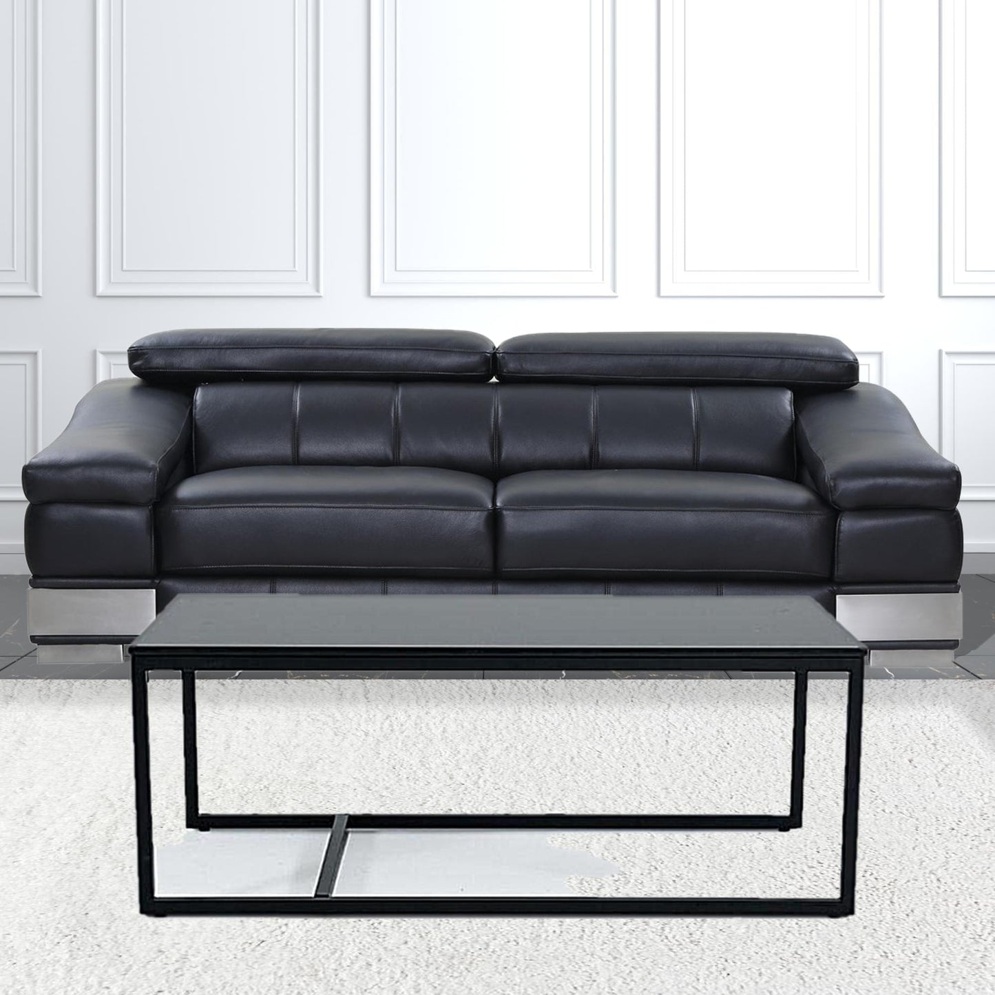 47" Black And Black Marble Stone Rectangular Coffee Table