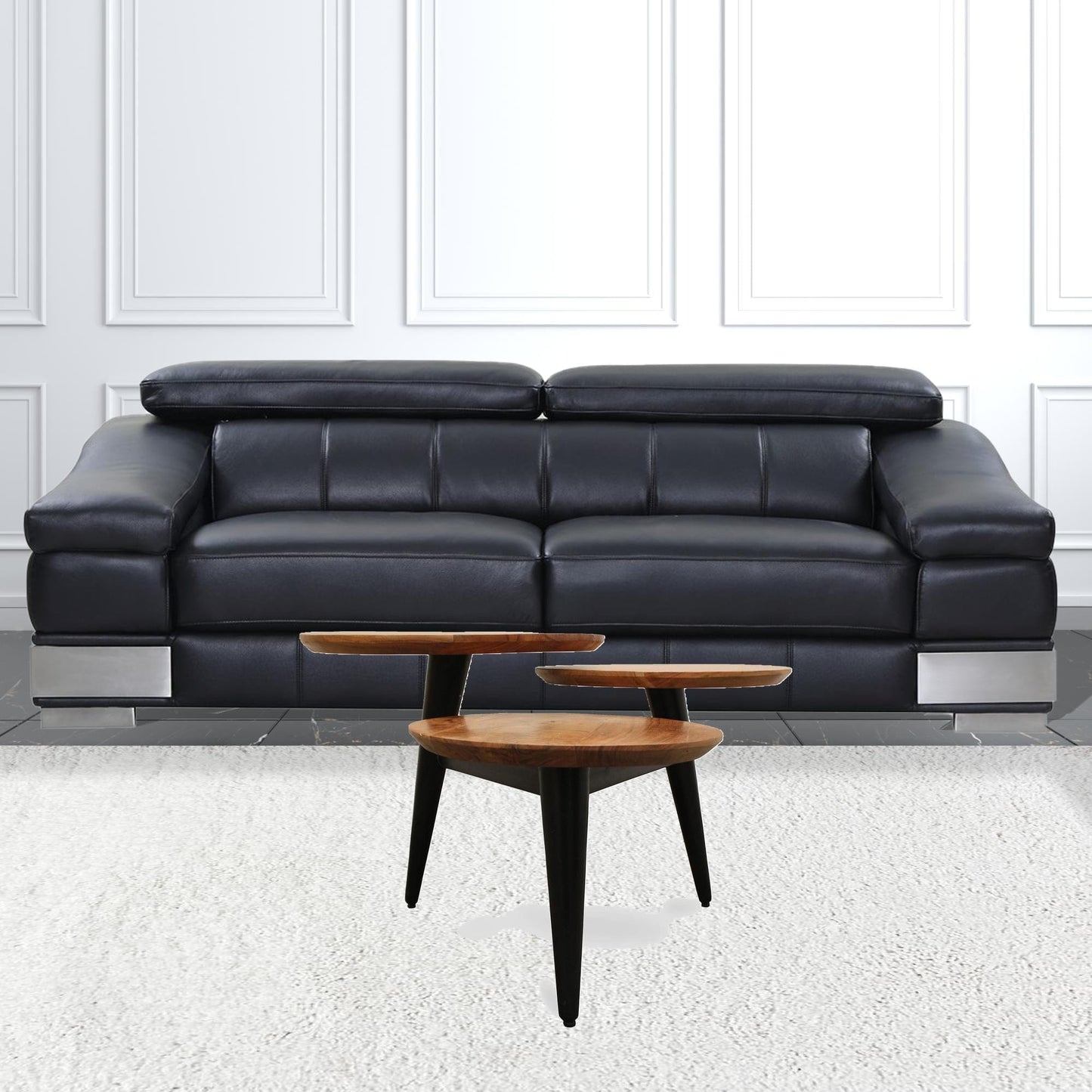 35" Black And Natural Brown Solid Wood Round Distressed Coffee Table