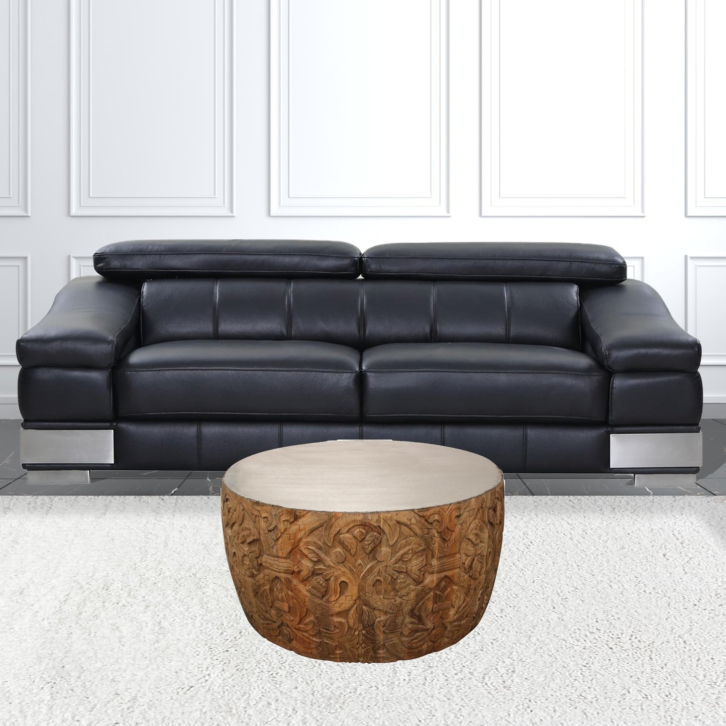 32" Natural Brown And White Wash Hand Carved Wood Round Coffee Table