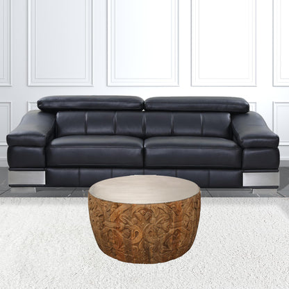 32" Natural Brown And White Wash Hand Carved Wood Round Coffee Table