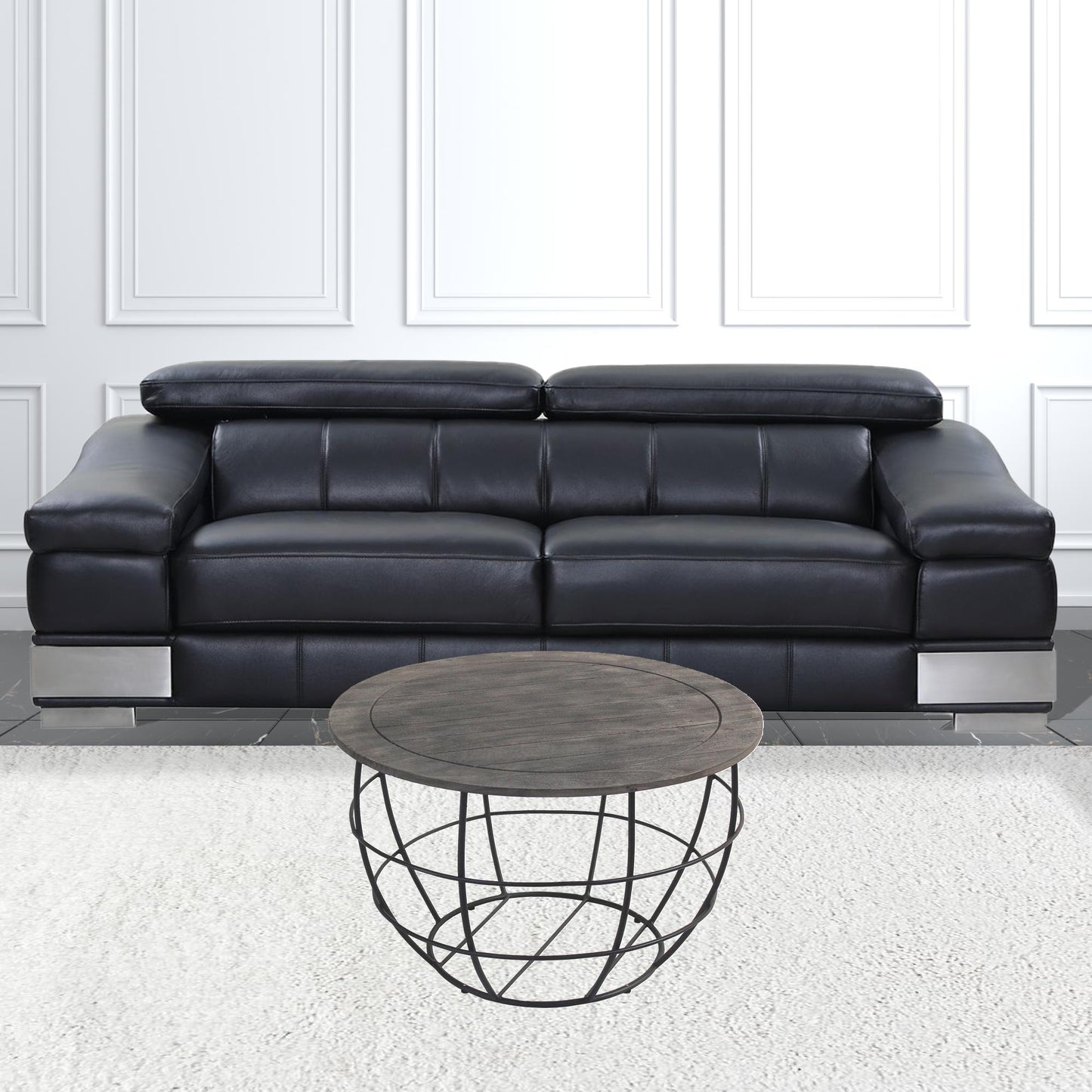 32" Gray Wash Solid Wood and Cast Iron Round Distressed Coffee Table