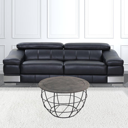 32" Gray Wash Solid Wood and Cast Iron Round Distressed Coffee Table