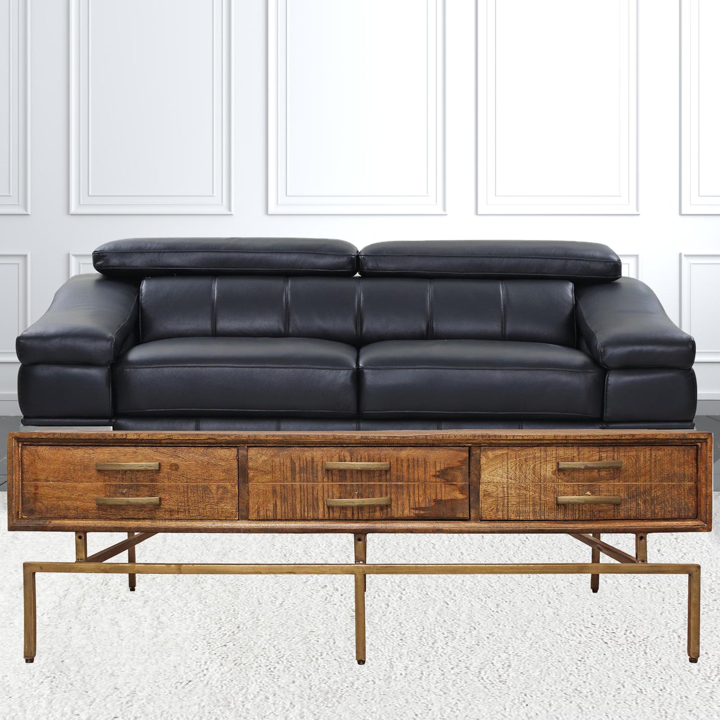 56" Brass And Brown Solid Wood Rectangular Distressed Storage Coffee Table