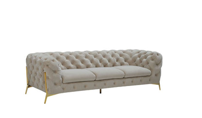 97" Beige Tufted Velvet and Gold Chesterfield Sofa