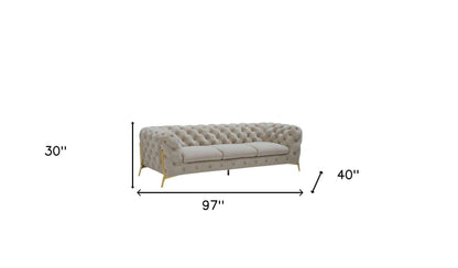 97" Beige Tufted Velvet and Gold Chesterfield Sofa