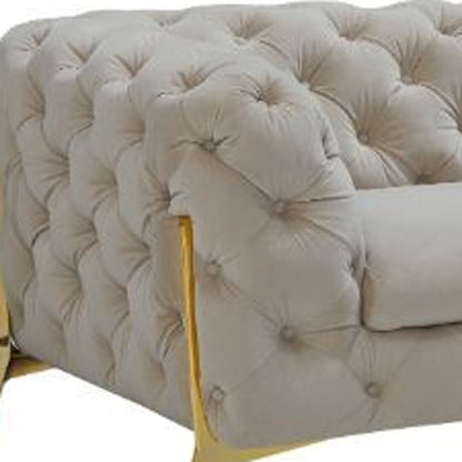 97" Beige Tufted Velvet and Gold Chesterfield Sofa