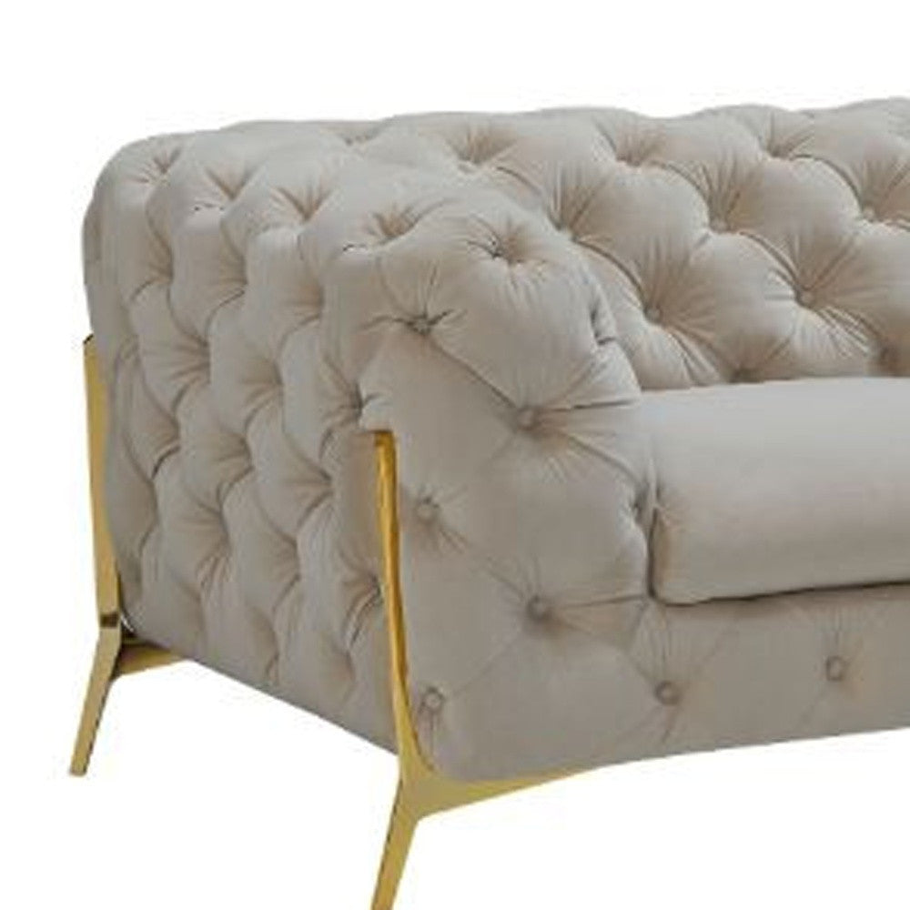 97" Beige Tufted Velvet and Gold Chesterfield Sofa