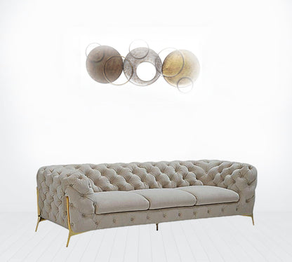 97" Beige Tufted Velvet and Gold Chesterfield Sofa