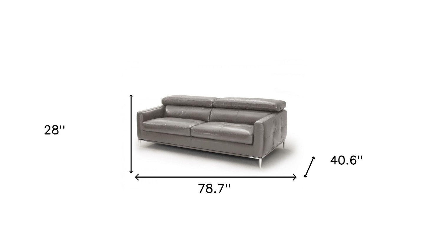 79" Dark Grey Genuine Leather and Silver Standard Sofa