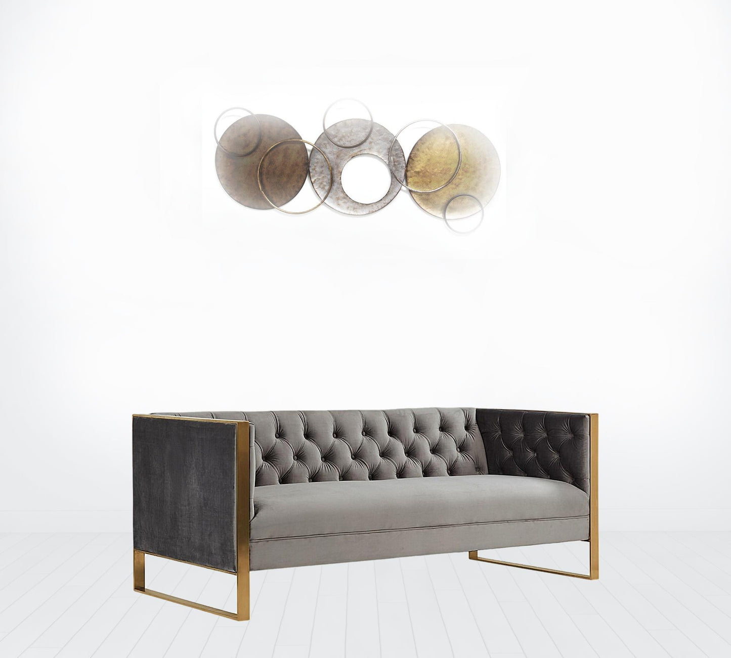 75" Grey and Gold Tufted Velvet Chesterfield Style Sofa