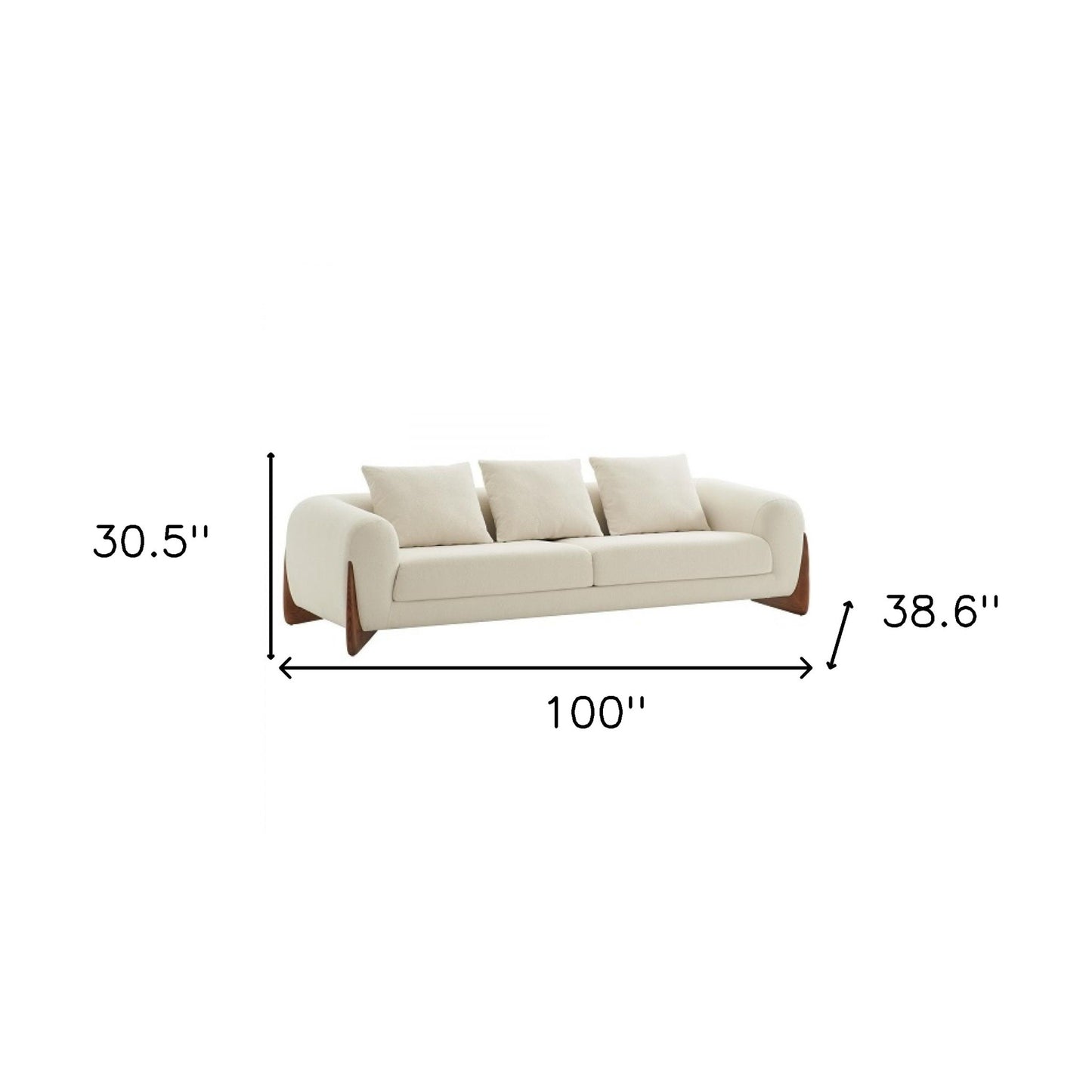 100" Cream Long Fabric and Walnut Wood Standard Sofa