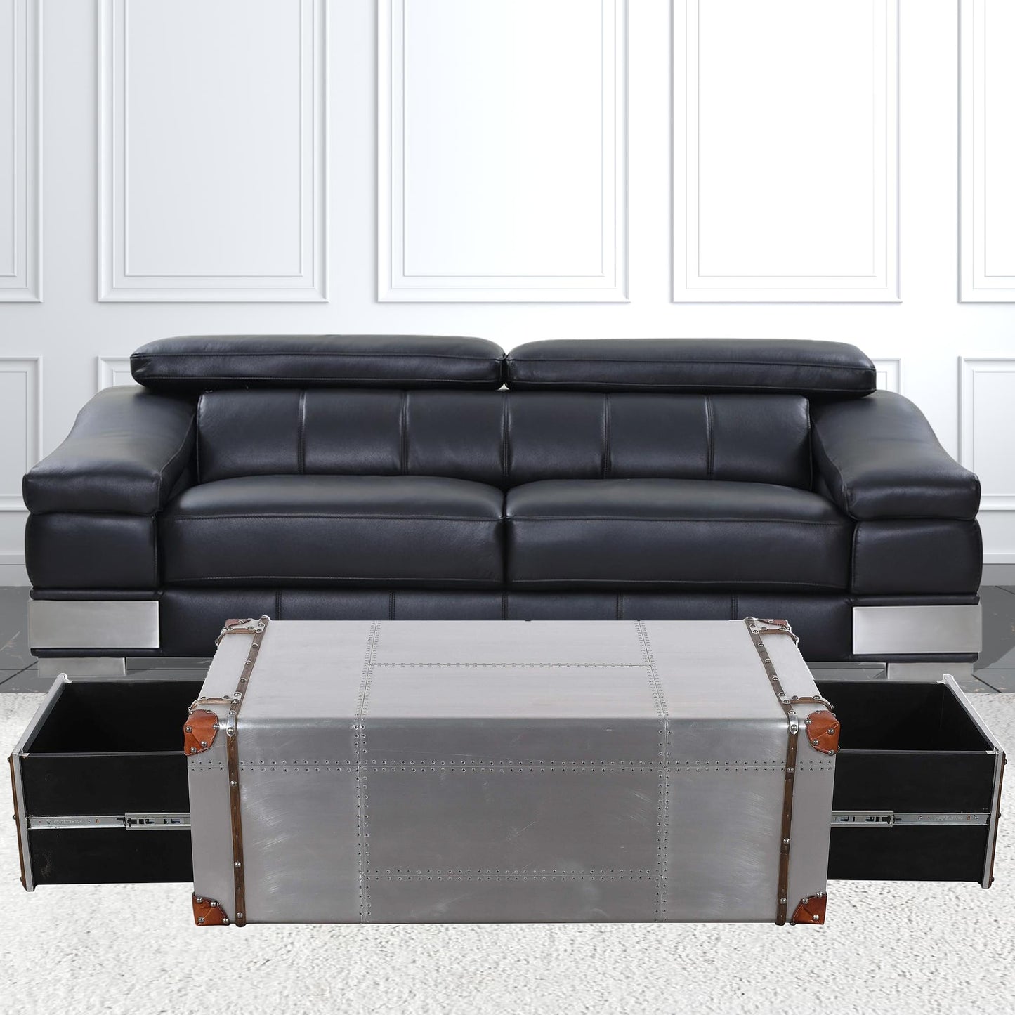 48" Silver Aluminum Rectangular Storage Coffee Table