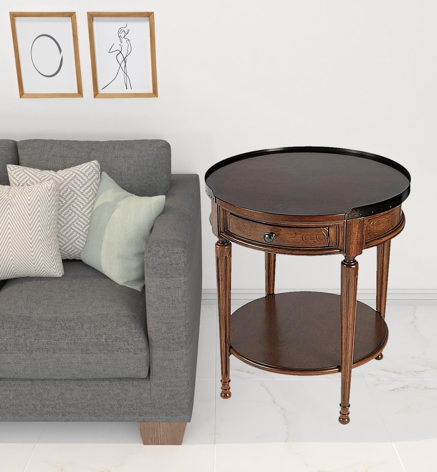 26" Medium Brown Manufactured Wood Round End Table With Drawer And Shelf