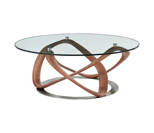 39" Walnut And Clear Glass Abstract Round Coffee Table
