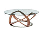 39" Walnut And Clear Glass Abstract Round Coffee Table