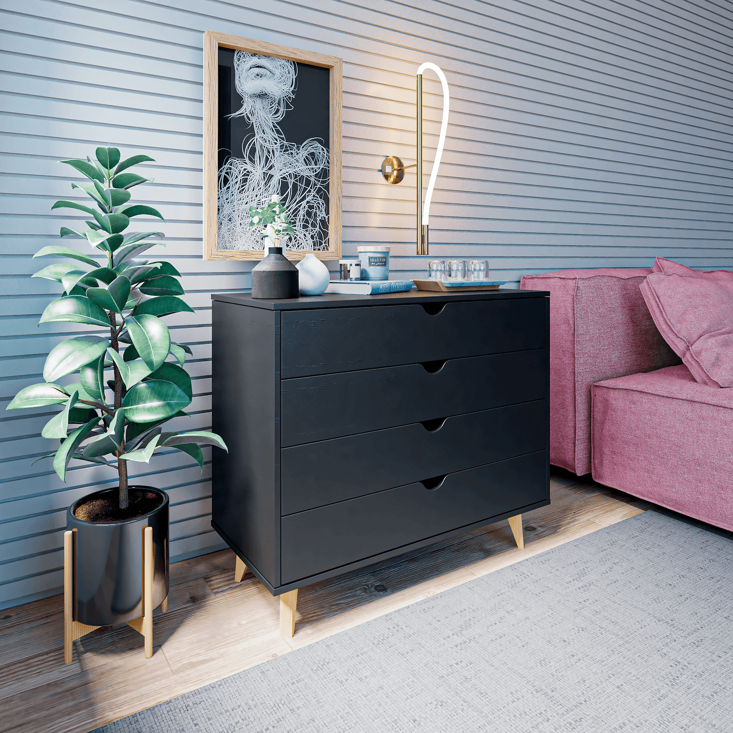 35" Black Solid Wood Four Drawer Standard Dresser