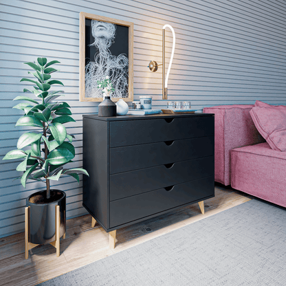 35" Black Solid Wood Four Drawer Standard Dresser