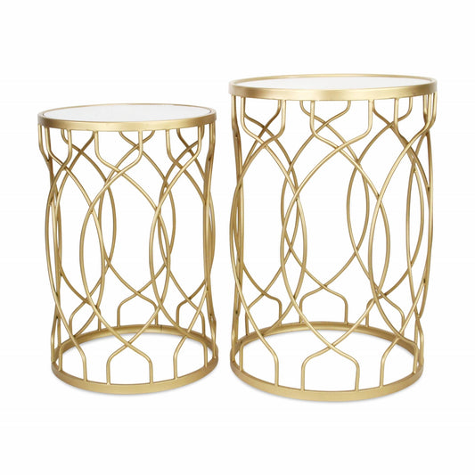 Set Of Two 25" Gold Mirrored And Steel Round Nested Tables