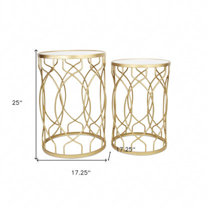 Set Of Two 25" Gold Mirrored And Steel Round Nested Tables