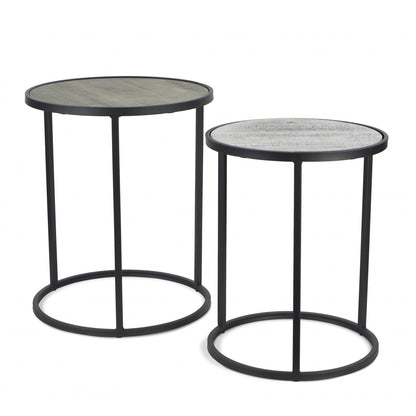 Set Of Two 22" Dark Gray And Light Gray Solid Wood Round Nested Tables