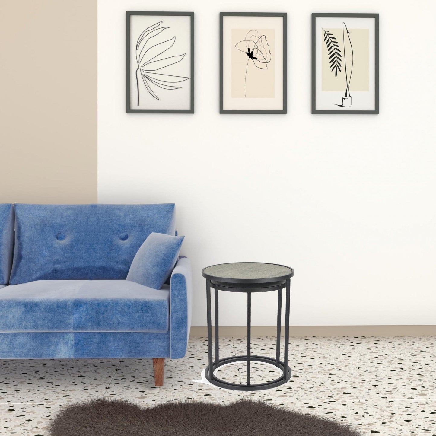 Set Of Two 22" Dark Gray And Light Gray Solid Wood Round Nested Tables