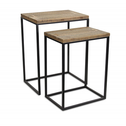 Set Of Two 24" Black And Brown Solid Wood And Steel Rectangular Nested Tables