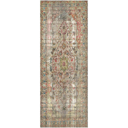 2' X 5' Red Brown And Blue Moroccan Printed Vinyl Area Rug With UV Protection
