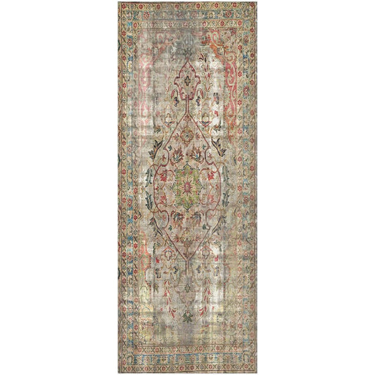 2' X 5' Red Brown And Blue Moroccan Printed Vinyl Area Rug With UV Protection
