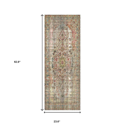 2' X 5' Red Brown And Blue Moroccan Printed Vinyl Area Rug With UV Protection