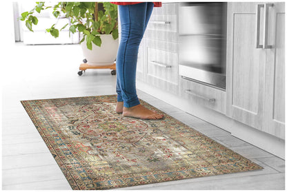 2' X 5' Red Brown And Blue Moroccan Printed Vinyl Area Rug With UV Protection