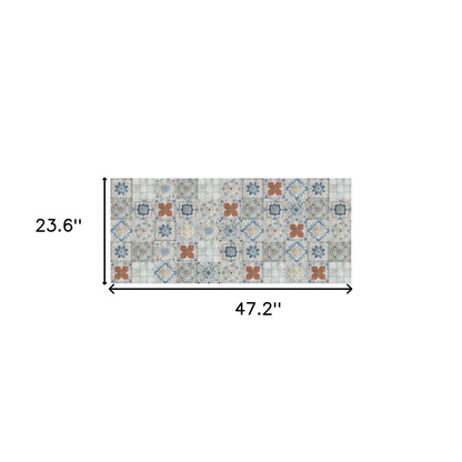 2' X 4' Gray Blue And Rust Mosaic Tile Printed Vinyl Area Rug With UV Protection