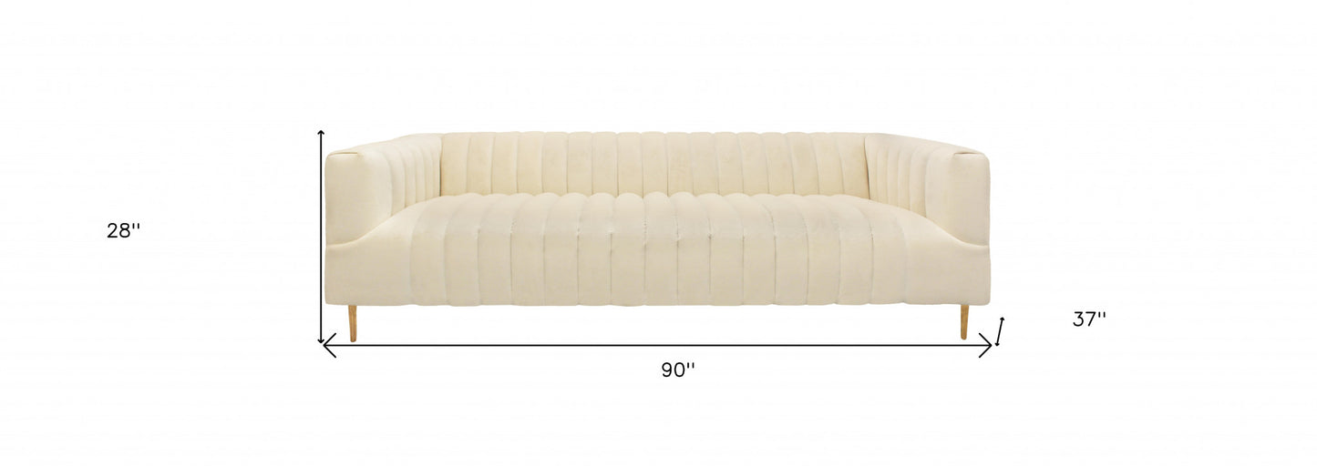 90" Ivory Channeled Velvet and Gold Standard Sofa