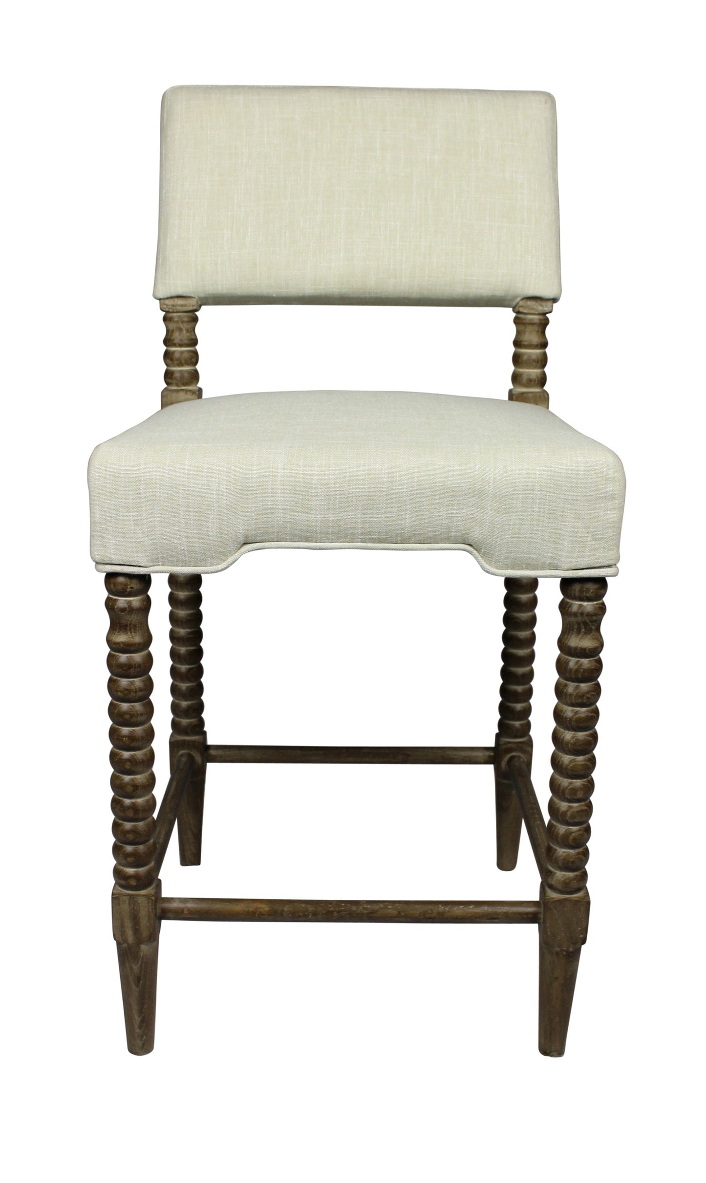 41" Brown Carved Wood and Ivory Woven Upholstered Counter Height Bar Chair