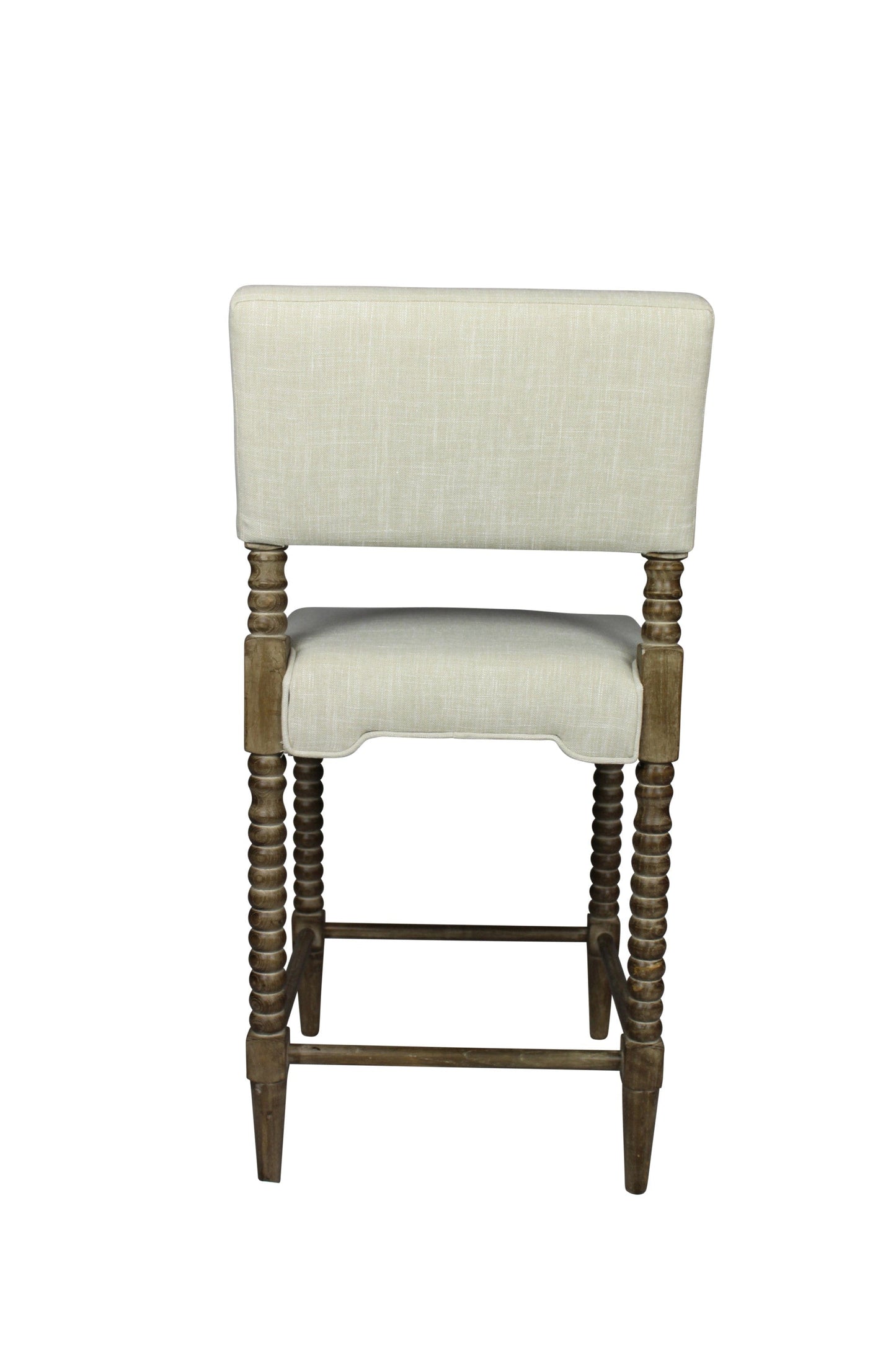 41" Brown Carved Wood and Ivory Woven Upholstered Counter Height Bar Chair