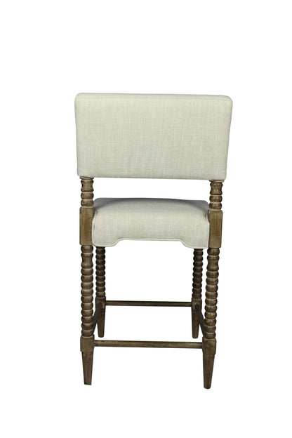 41" Brown Carved Wood and Ivory Woven Upholstered Counter Height Bar Chair