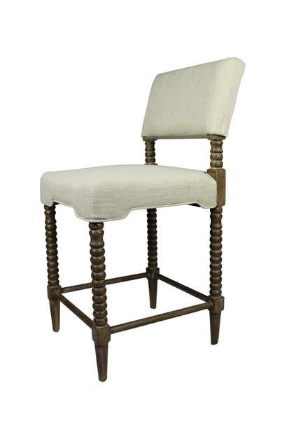 41" Brown Carved Wood and Ivory Woven Upholstered Counter Height Bar Chair