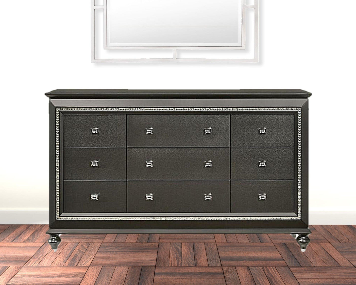 66" Metallic Gray Solid And Manufactured Wood Nine Drawer Standard Dresser