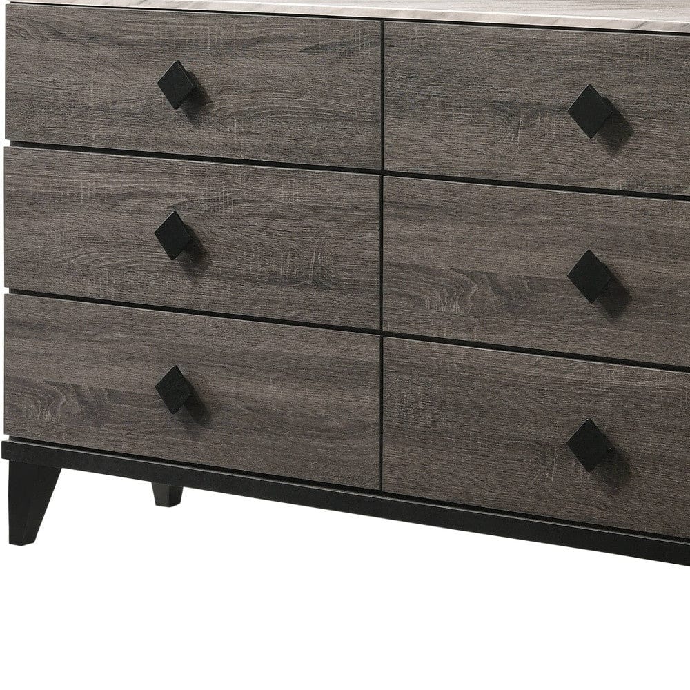61" Faux Marble Rustic Gray Oak Six Drawer Standard Dresser