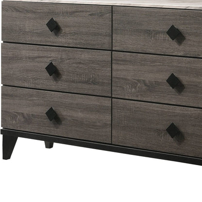 61" Faux Marble Rustic Gray Oak Six Drawer Standard Dresser
