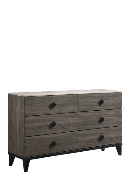 61" Faux Marble Rustic Gray Oak Six Drawer Standard Dresser