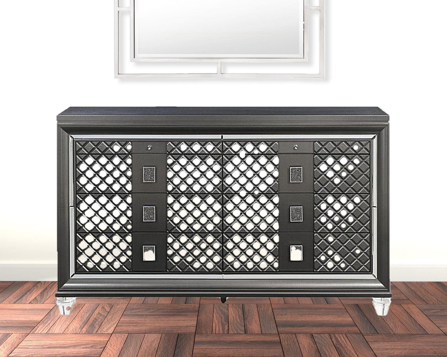 65" Metallic Gray Solid And Manufactured Wood Eight Drawer Standard Dresser